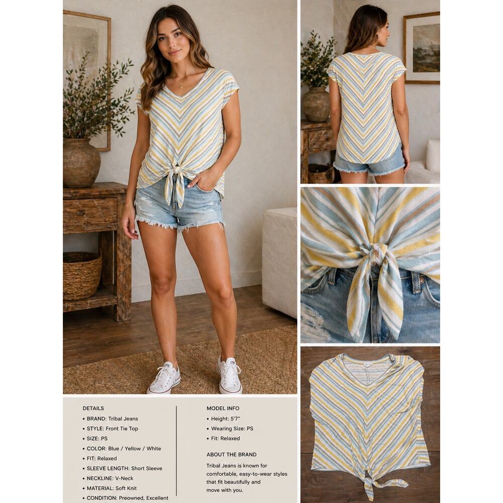 Tribal Jeans Petite Small Striped Tie Front Top Yellow Blue V Neck Short Sleeve